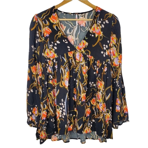 Free People Tops - Free People Bella Black Floral Long Bell Sleeve Oversize Blouse Top Sz XS